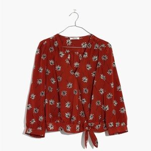 Women’s Silk Madewell Brown and White Tie Front 3/4 Sleeve Blouse